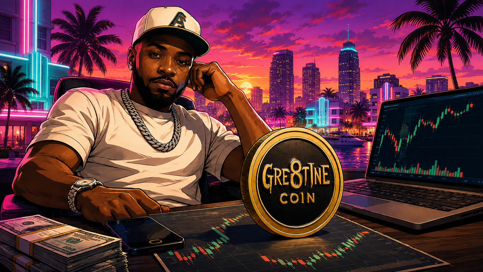GRE8T1NE illustrated trading desk against a vivid tropical sunset skyline